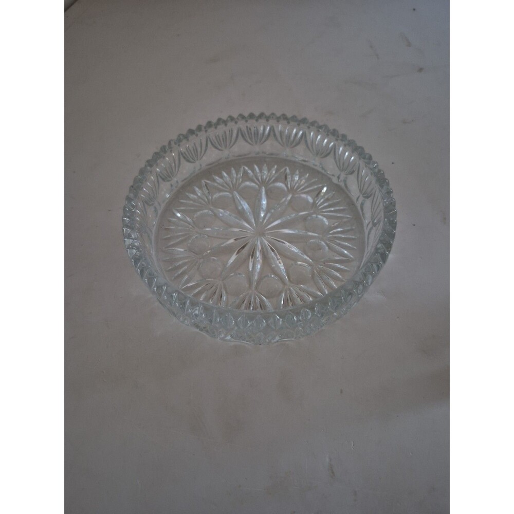 Vintage Decorative Round Clear Cut Glass Serving Bowl with Saw Tooth Rim